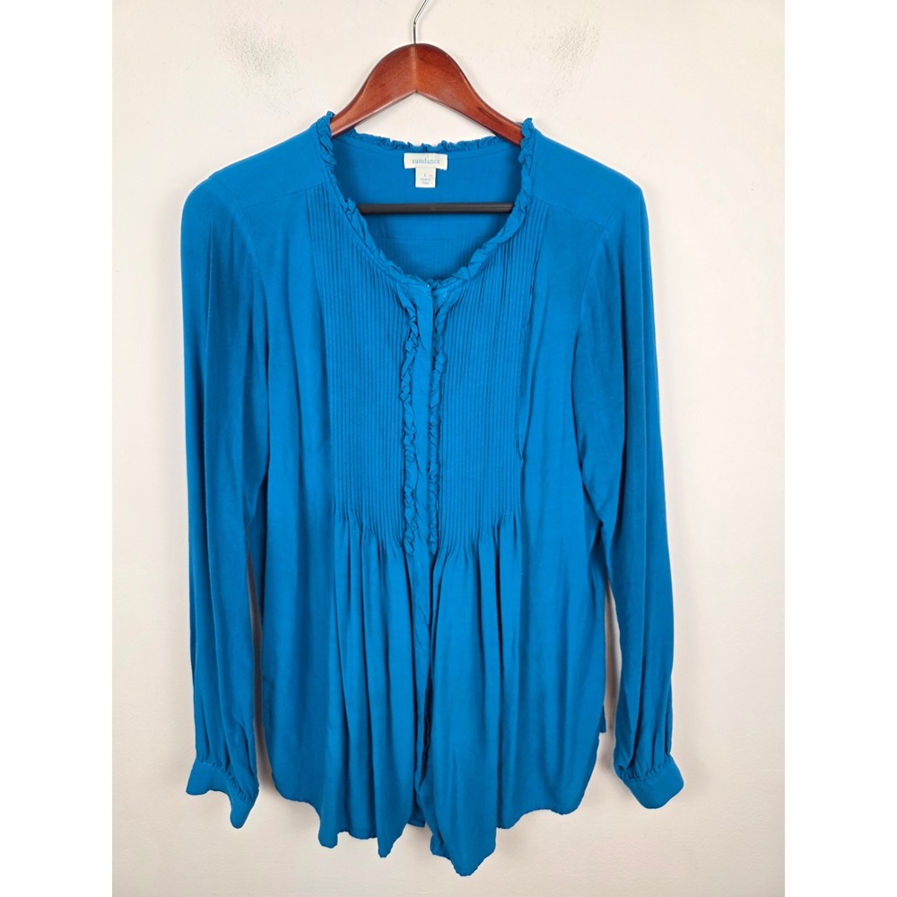 Sundance Teal Blue Rayon Pintuck‎ Ruffle Button Front Blouse Women's Size Large